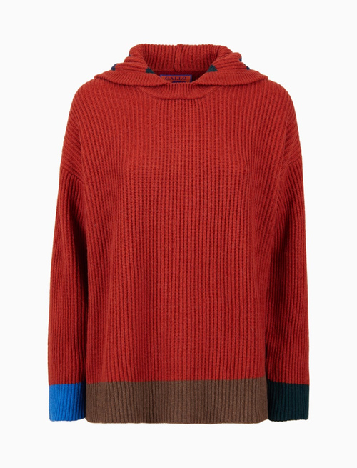 Women's hoodie in plain green fisherman's rib-stitched wool and cashmere with multicoloured stripes - Clothing | Gallo 1927 - Official Online Shop