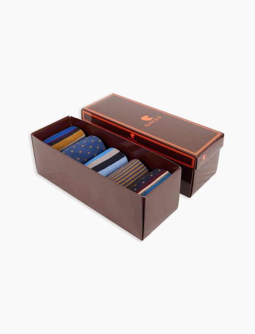 Box with 5 pairs of men's long socks cotton patterned mix icons in blue Gallo - Long | Gallo 1927 - Official Online Shop