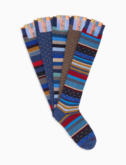 Box with 5 pairs of men's long socks cotton patterned mix icons in blue Gallo - Long | Gallo 1927 - Official Online Shop