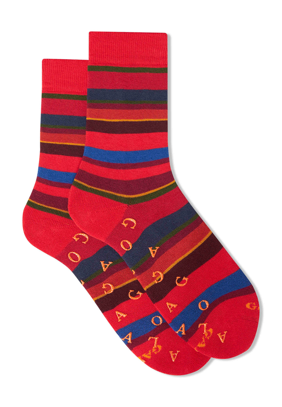 Women's short non-slip red cotton socks with multicoloured stripes - Gallo 1927 - Official Online Shop
