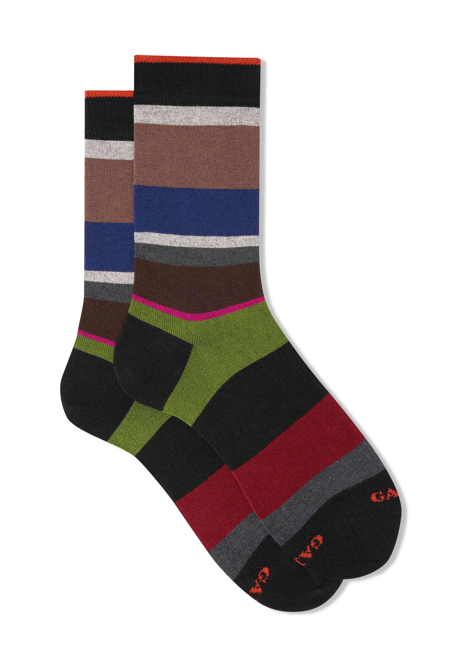 Men's short black cotton and cashmere socks with multicoloured macro stripes - Gallo 1927 - Official Online Shop