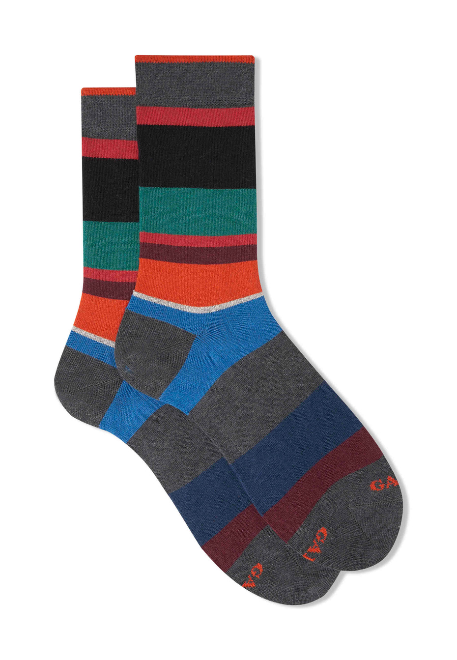 Men's short stone grey cotton and cashmere socks with multicoloured macro stripes - Gallo 1927 - Official Online Shop