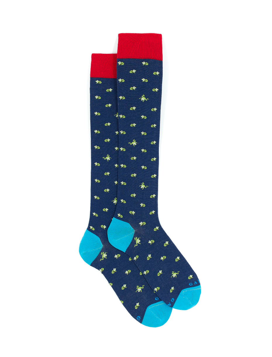 Men's long royal blue ultra-light cotton socks with frog motif - Gallo 1927 - Official Online Shop