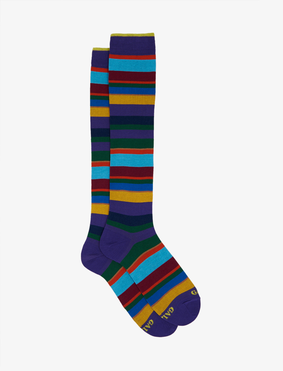 Women's long purple light cotton socks with multicoloured stripes - Gallo 1927 - Official Online Shop