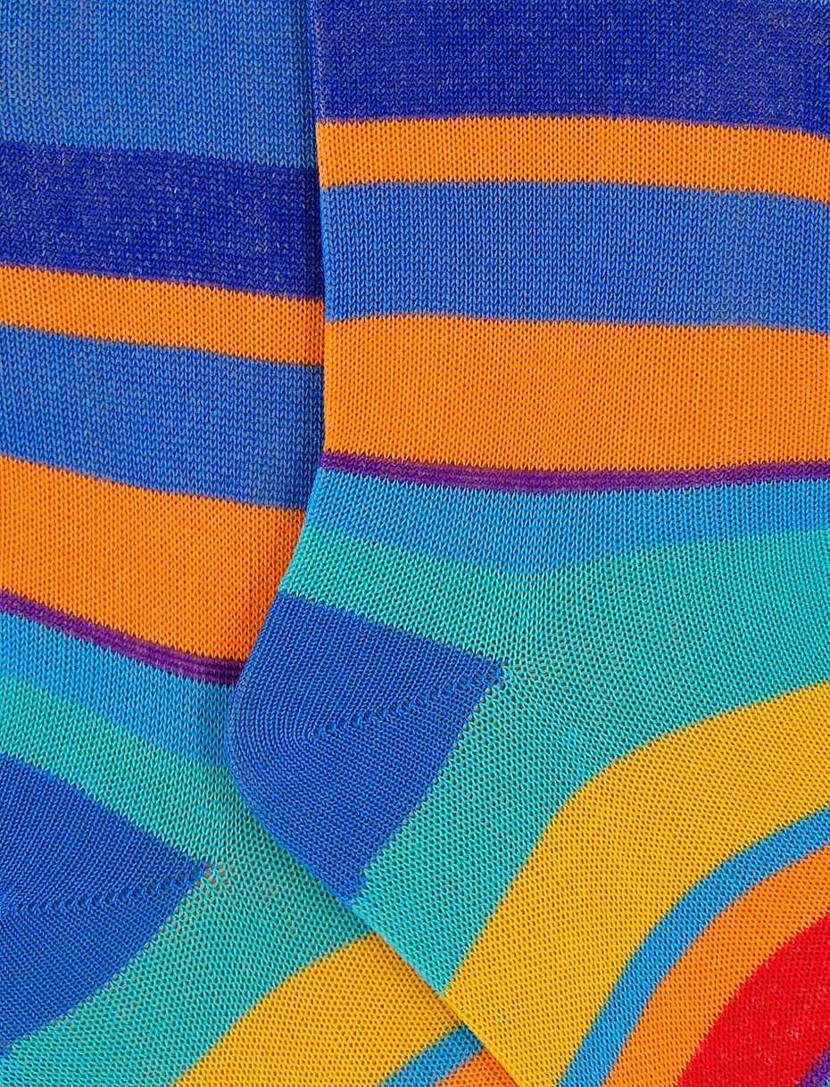 Kids' long Aegean blue light cotton socks with multicoloured stripes - Gallo 1927 - Official Online Shop