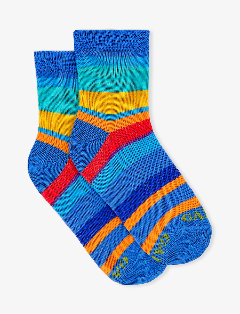 Kids' super short Aegean blue light cotton socks with multicoloured stripes - Gallo 1927 - Official Online Shop