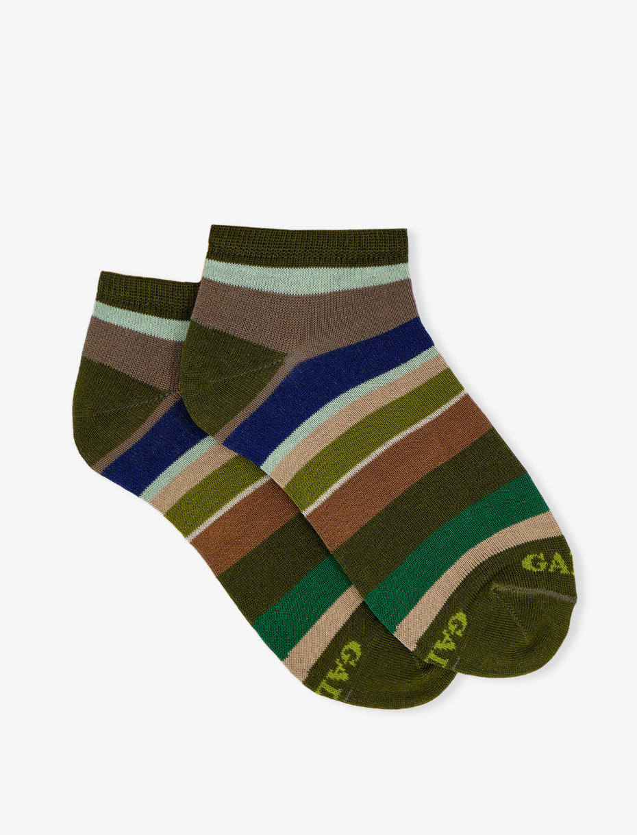 Kids' army green light cotton ankle socks with multicoloured stripes - Gallo 1927 - Official Online Shop