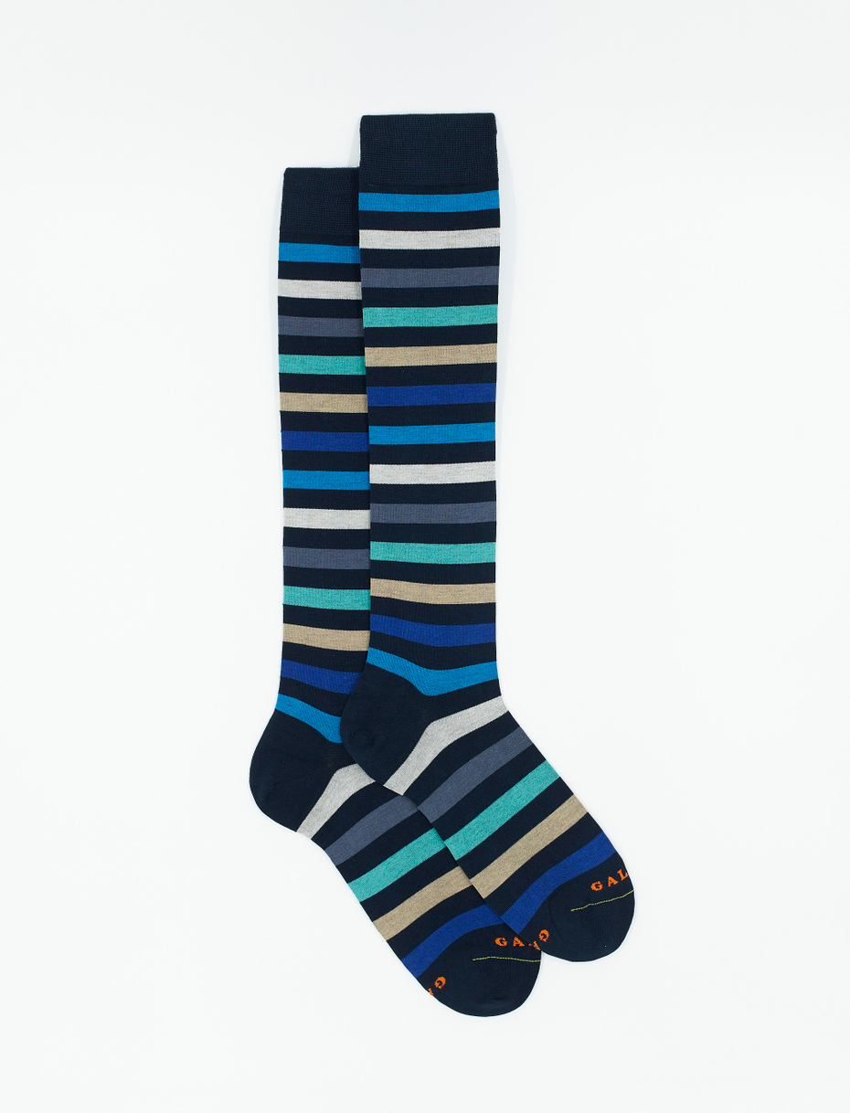 Men's long ocean blue ultra-light cotton socks with even stripes - Gallo 1927 - Official Online Shop