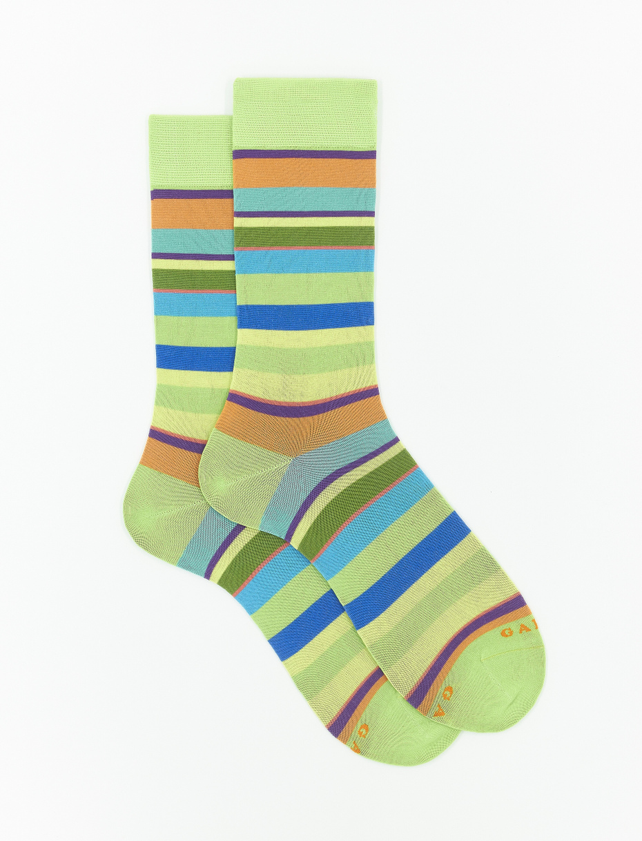 Men's short lime green ultra-light cotton socks with multicoloured stripes - Gallo 1927 - Official Online Shop