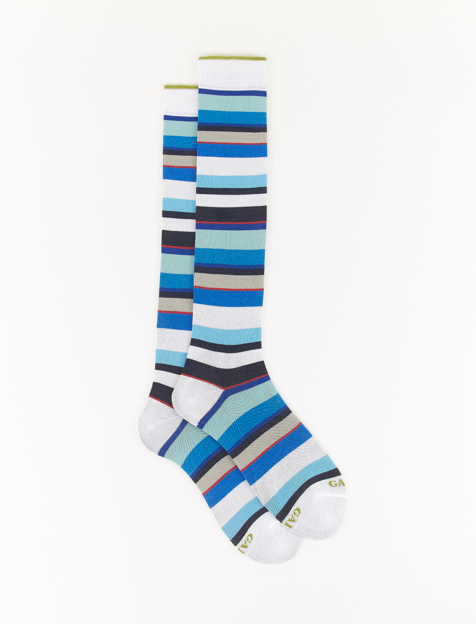 Men's long white light cotton socks with multicoloured stripes - Gallo 1927 - Official Online Shop