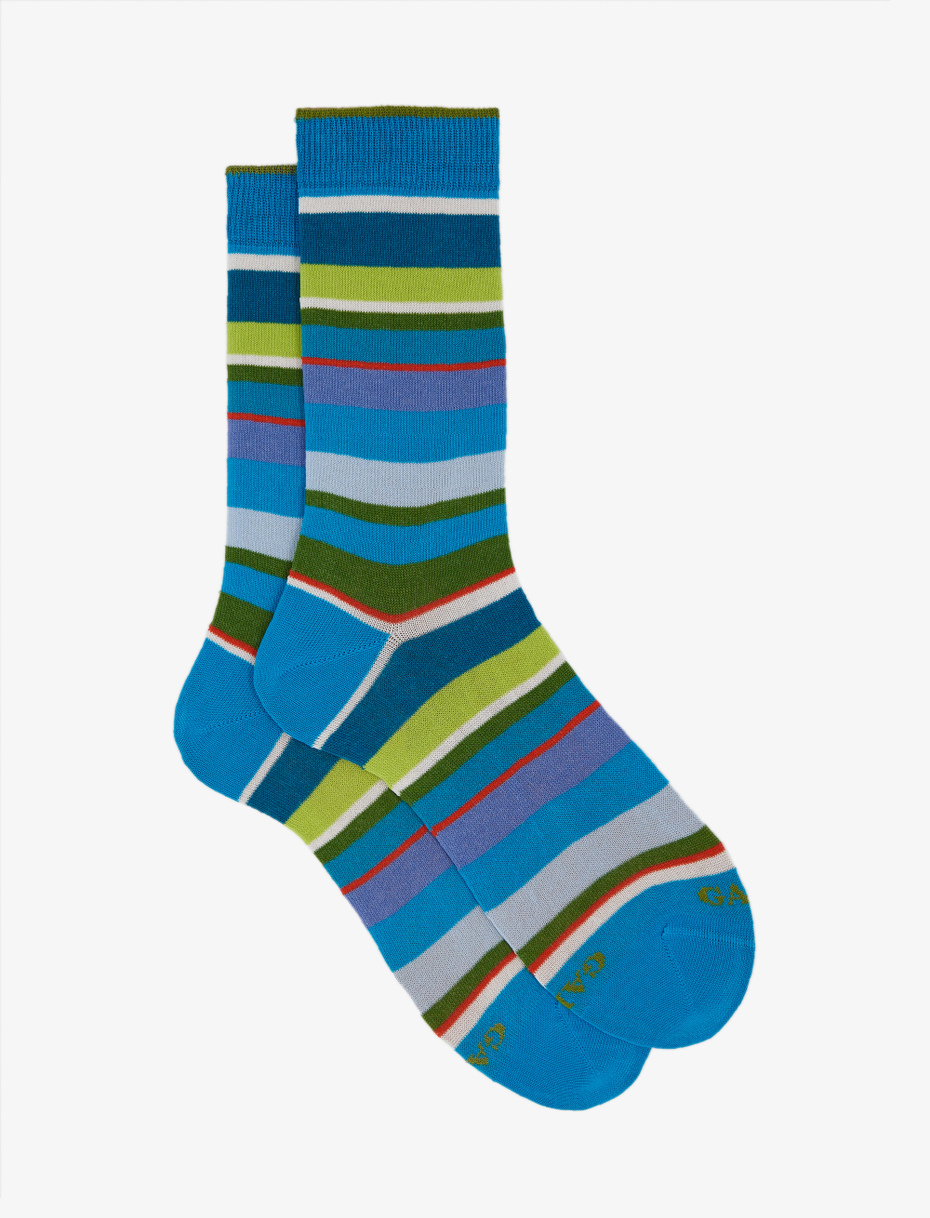 Men's short turquoise light cotton socks with multicoloured stripes - Gallo 1927 - Official Online Shop
