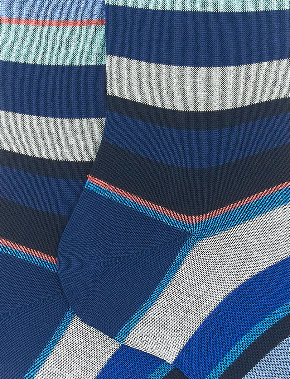 Men's short royal blue/lake green light cotton socks with multicoloured stripes - Gallo 1927 - Official Online Shop