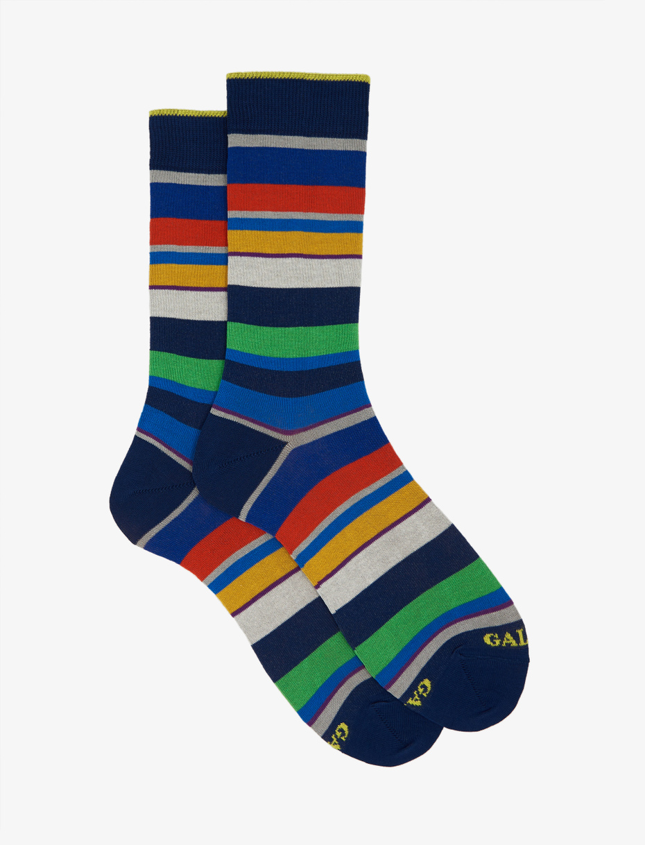 Men's short royal blue light cotton socks with multicoloured stripes - Gallo 1927 - Official Online Shop