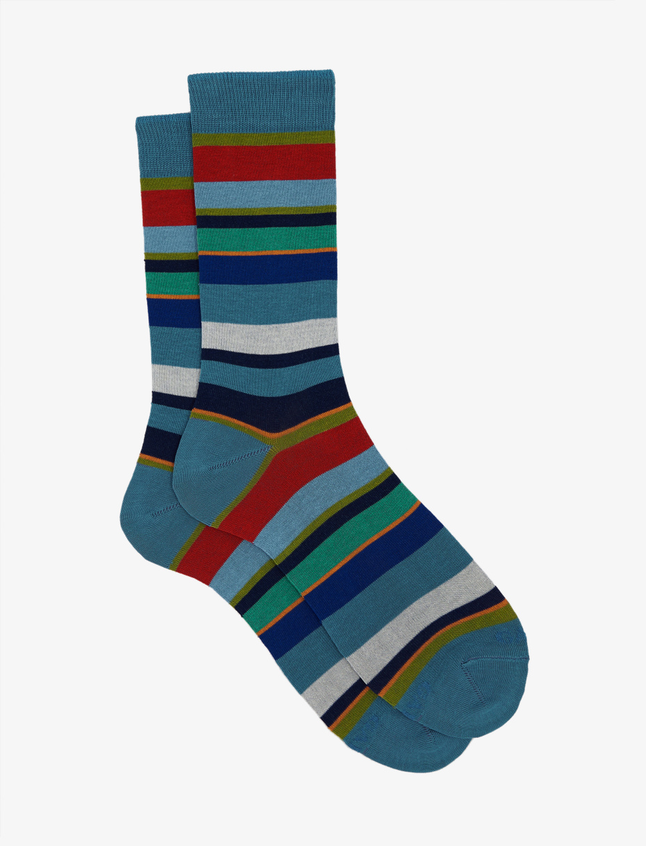 Men's short dragonfly light blue light cotton socks with multicoloured stripes - Gallo 1927 - Official Online Shop