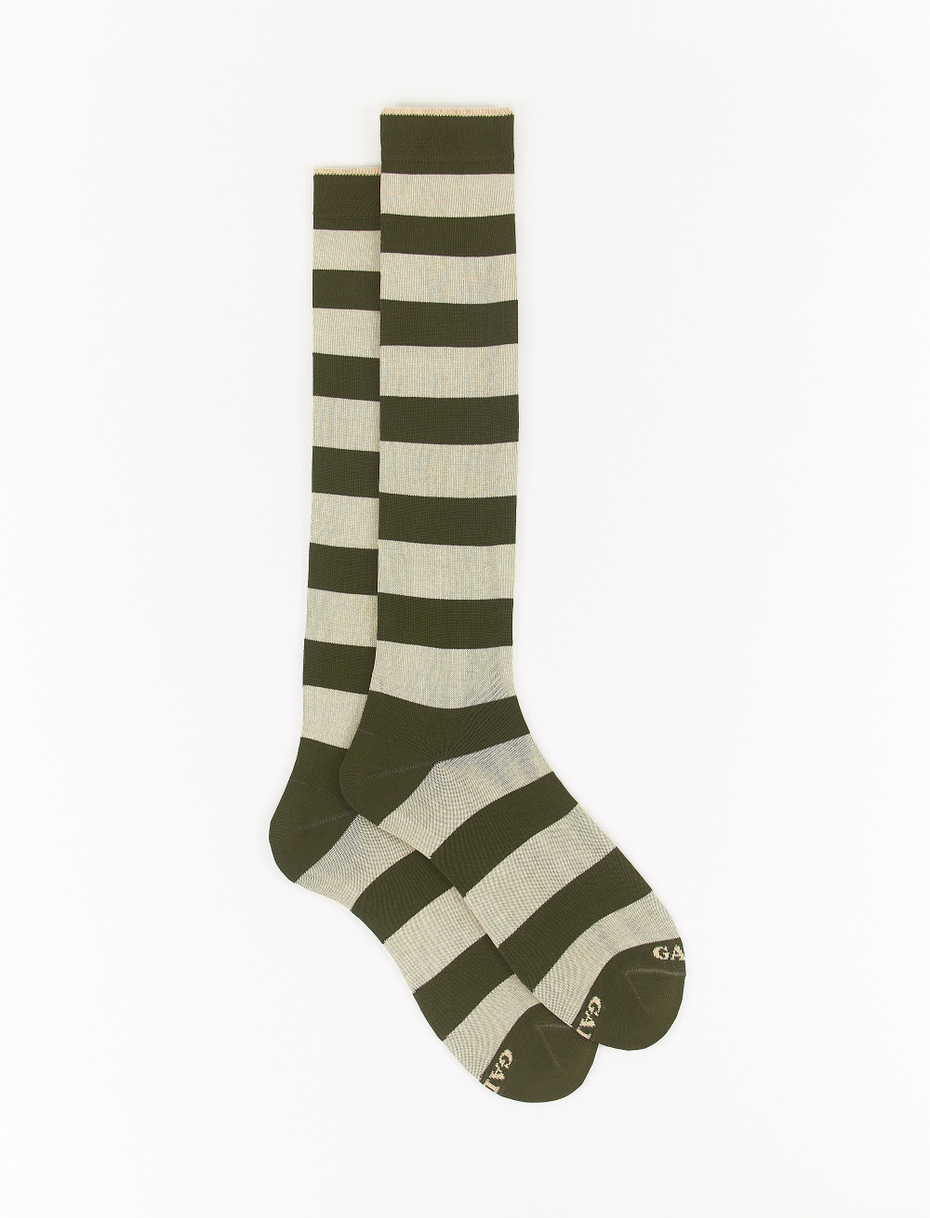 Men's long army green light cotton socks with two-tone stripes - Gallo 1927 - Official Online Shop