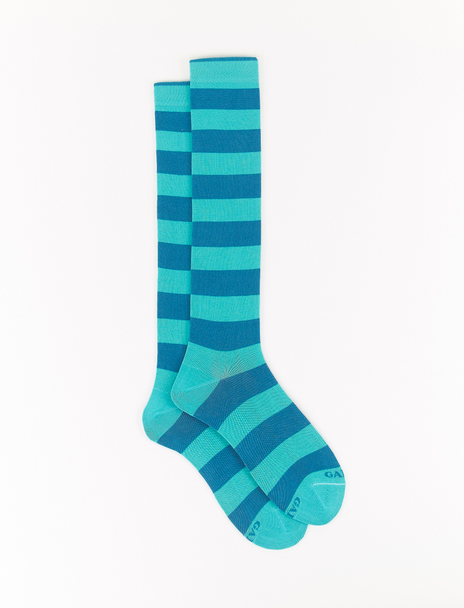 Men's long aquamarine light cotton socks with two-tone stripes - Gallo 1927 - Official Online Shop