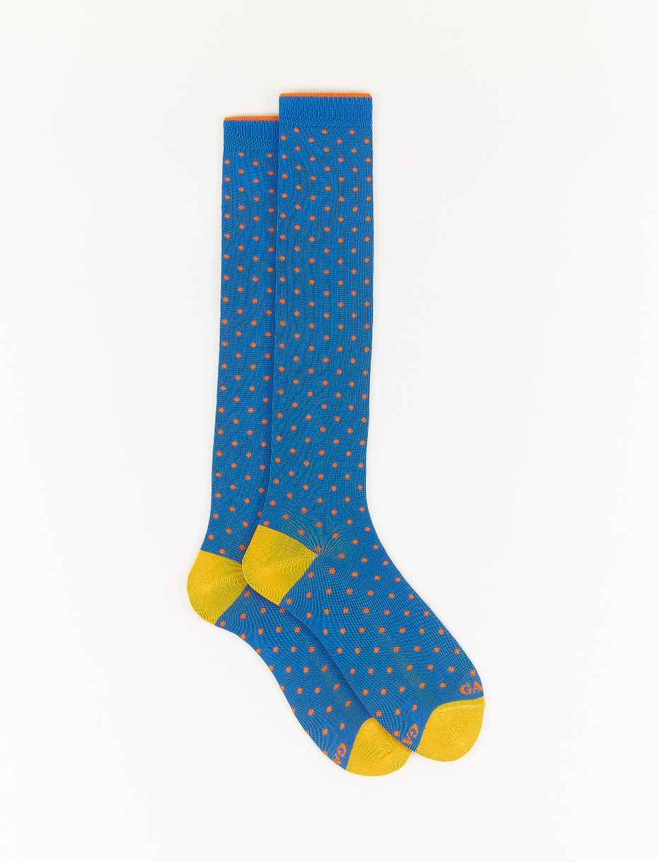 Men's long Aegean blue light cotton socks with polka dots - Gallo 1927 - Official Online Shop