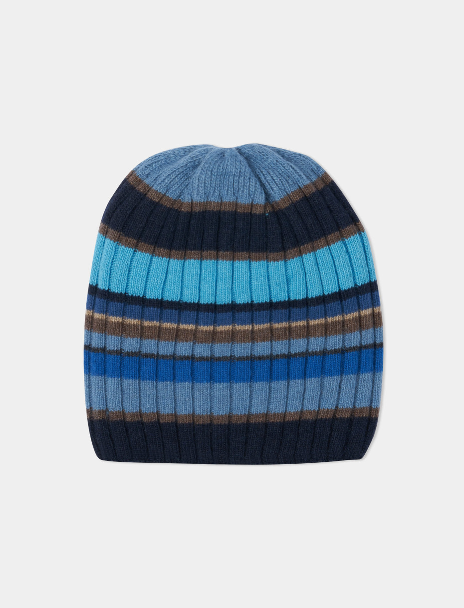 Unisex blue/sand wool and cashmere beanie with multicoloured stripes - Gallo 1927 - Official Online Shop