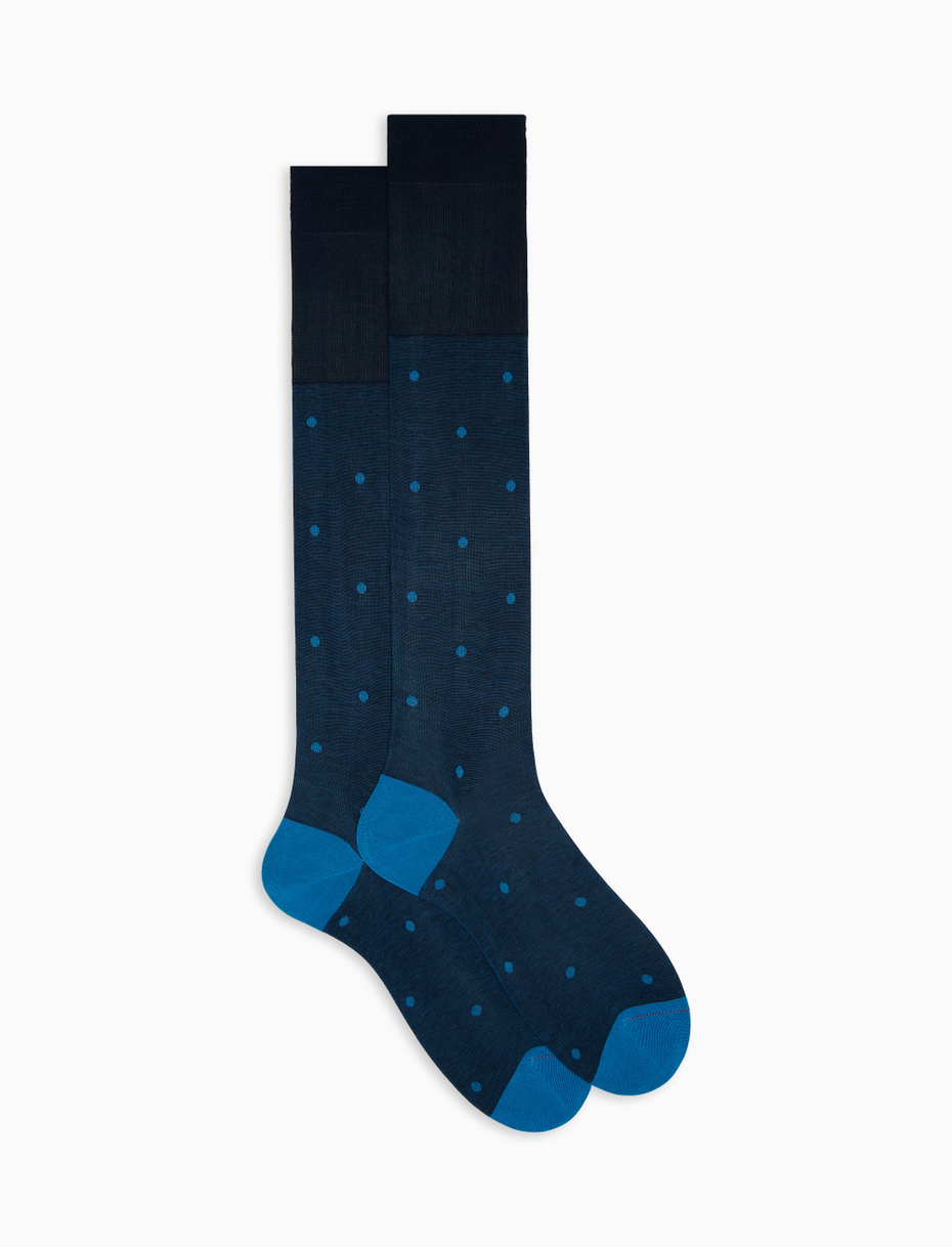 Men's long ocean blue/topaz cotton socks with polka dots on iridescent base - Gallo 1927 - Official Online Shop