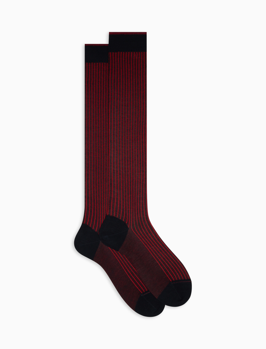 Men's long blue/poppy/charcoal grey twin-rib cotton socks - Gallo 1927 - Official Online Shop