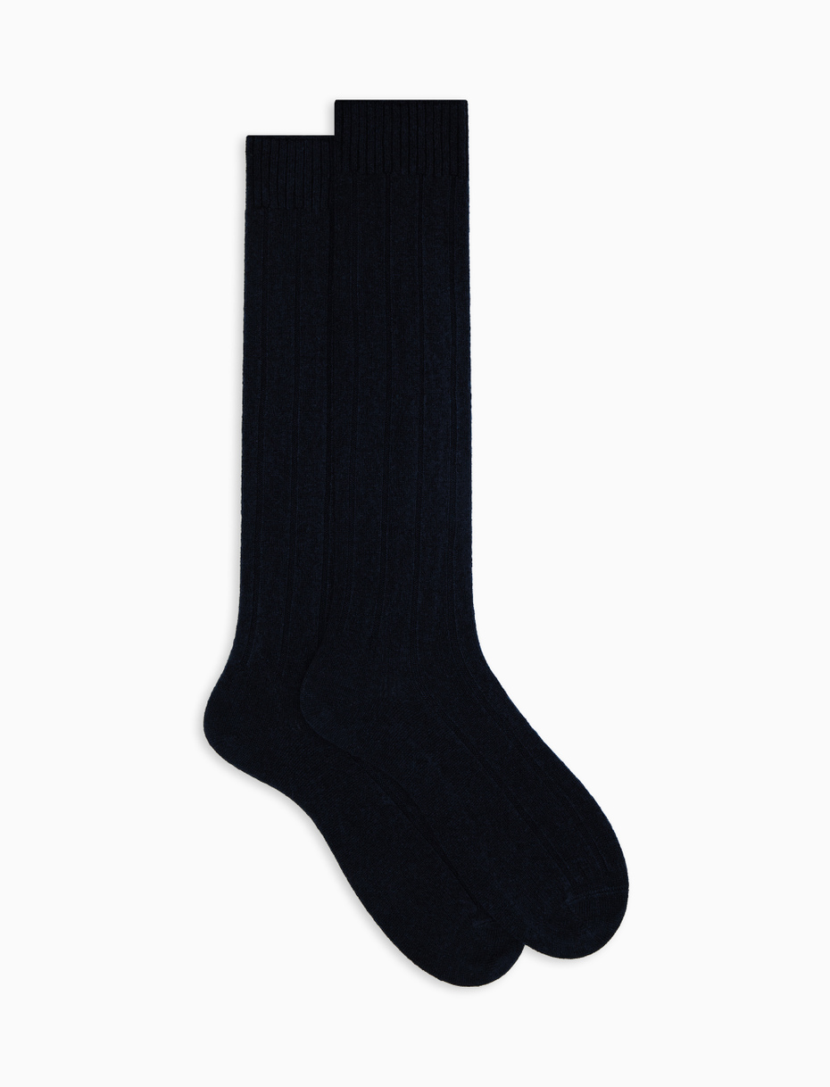 Men's long ribbed plain blue cashmere socks - Gallo 1927 - Official Online Shop