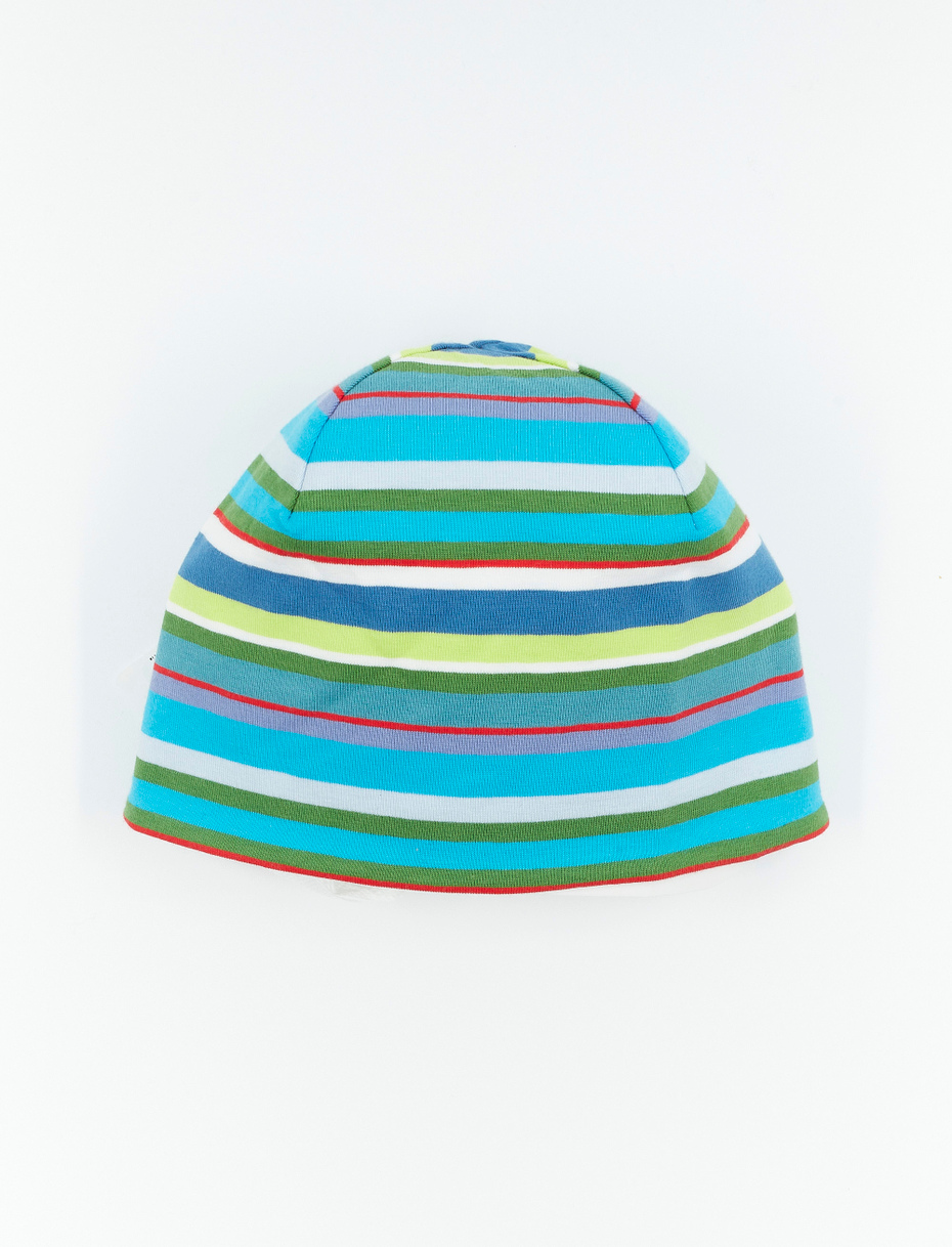 Kids' plain turquoise cotton beanie with multicoloured stripes - Gallo 1927 - Official Online Shop