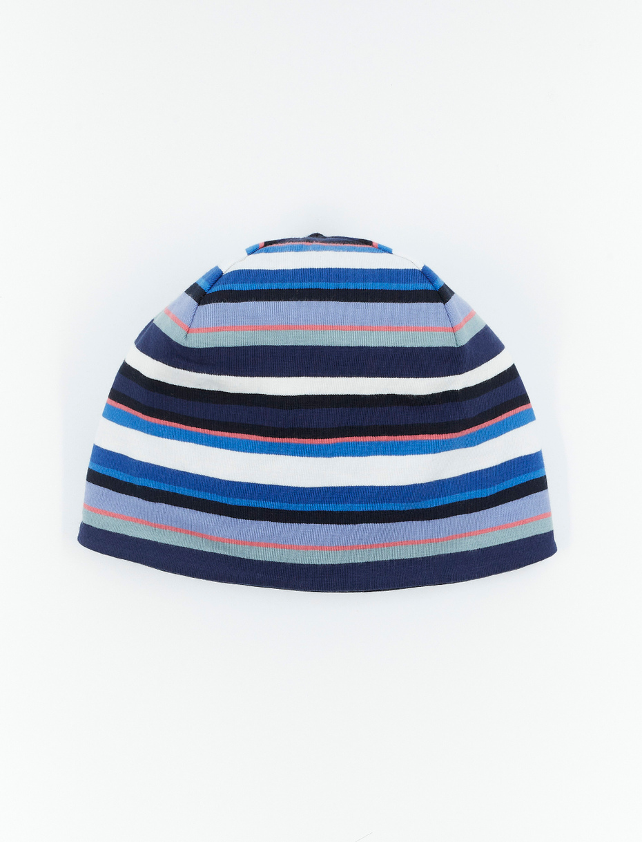 Kids' plain royal blue cotton beanie with multicoloured stripes - Gallo 1927 - Official Online Shop