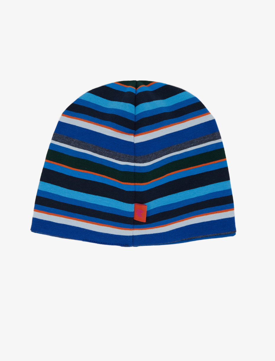 Kids' ocean blue cotton beanie with multicoloured stripes and plain colour - Gallo 1927 - Official Online Shop