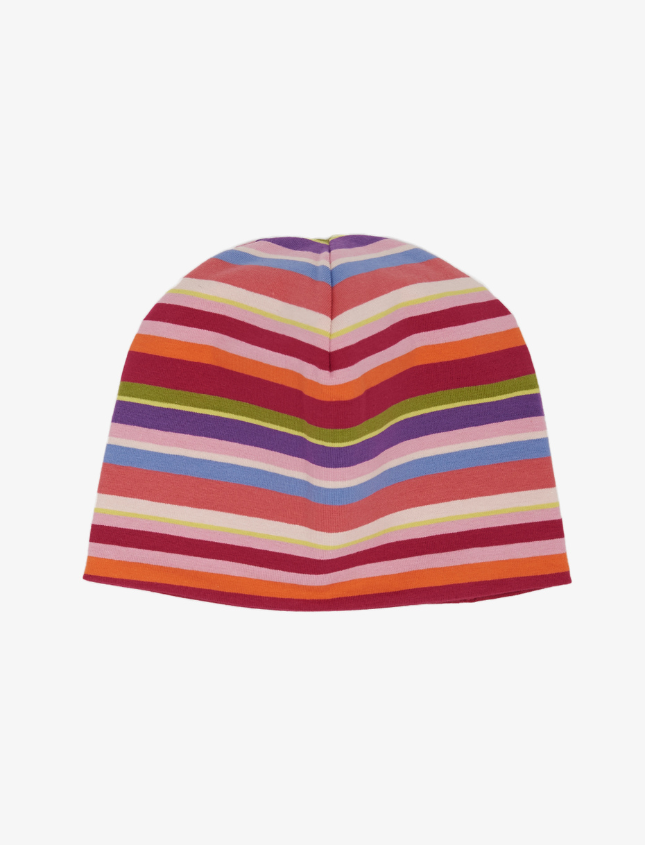 Kids' fuchsia cotton beanie with multicoloured stripes and plain colour - Gallo 1927 - Official Online Shop