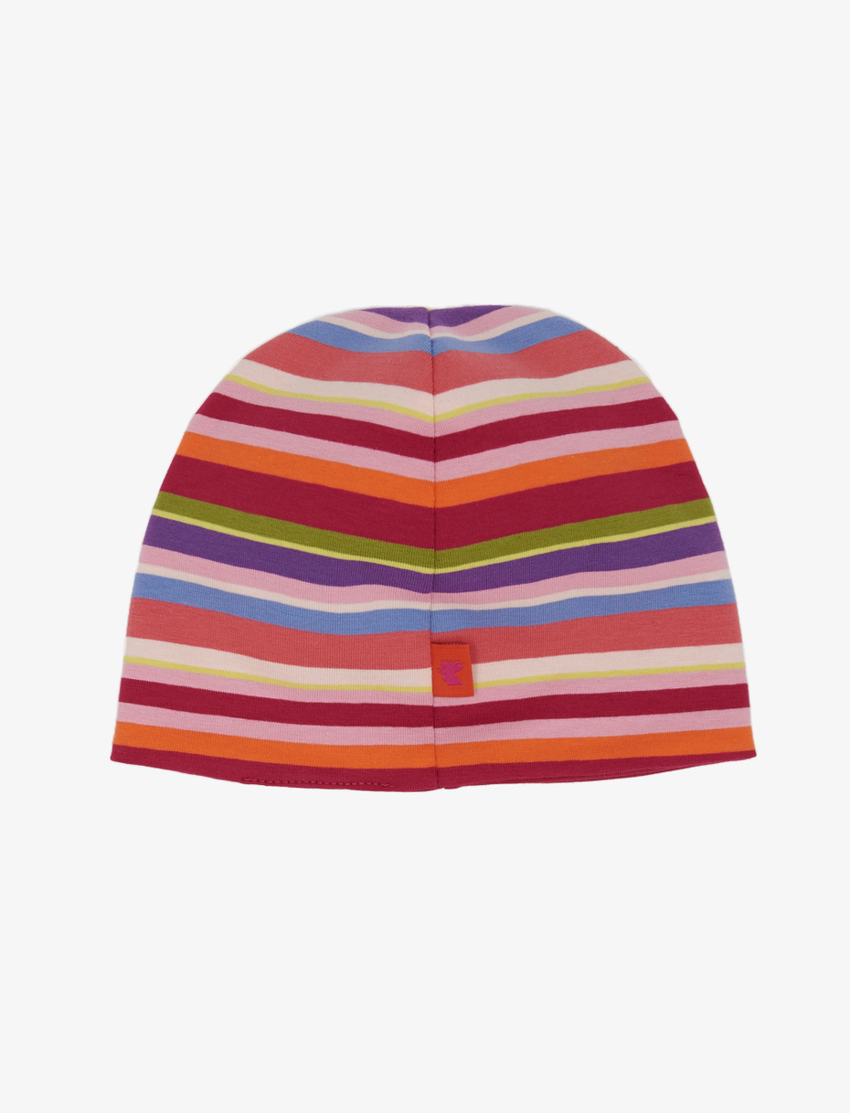 Kids' fuchsia cotton beanie with multicoloured stripes and plain colour - Gallo 1927 - Official Online Shop