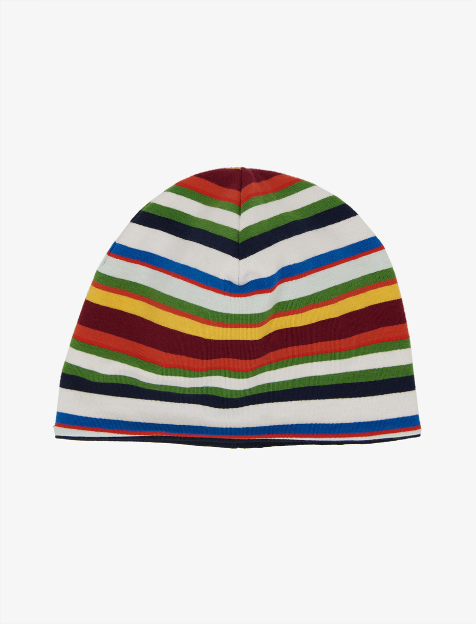 Kids' white and periwinkle blue cotton beanie with multicoloured stripes and plain colour - Gallo 1927 - Official Online Shop