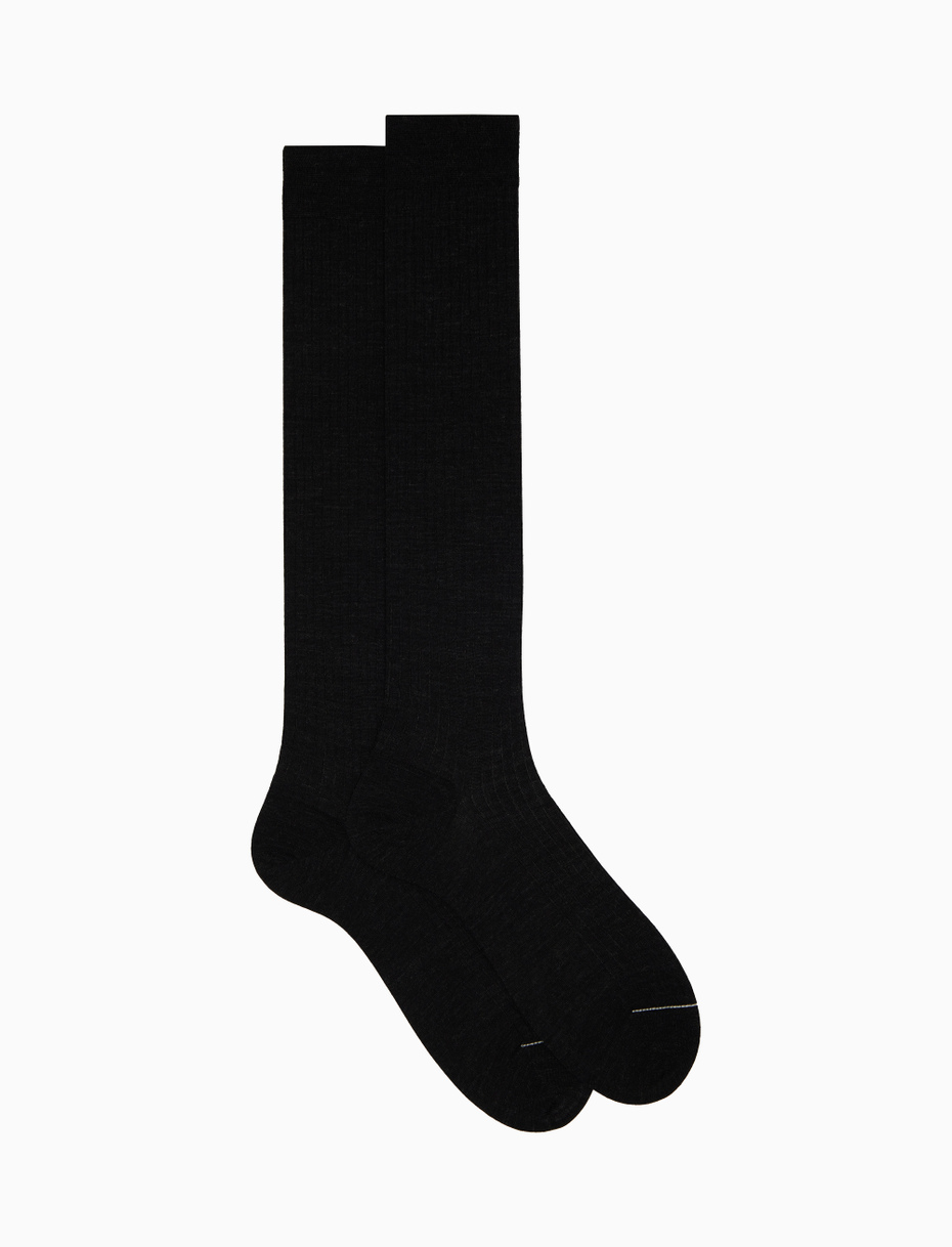 Men's long ribbed plain charcoal grey wool socks - Gallo 1927 - Official Online Shop