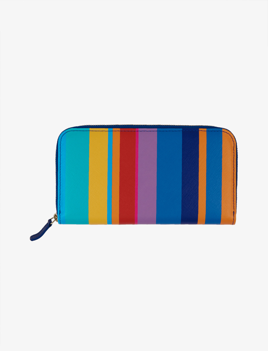 Women's aegean blue leather wallet with zip and multicoloured stripes - Gallo 1927 - Official Online Shop