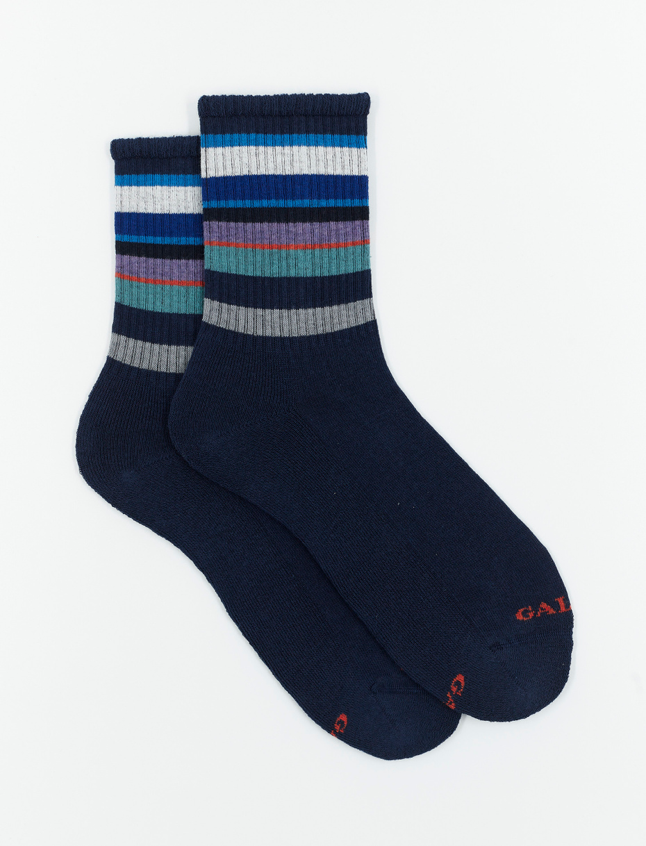 Women's short socks in royal cotton terry cloth with multicoloured stripes - Gallo 1927 - Official Online Shop