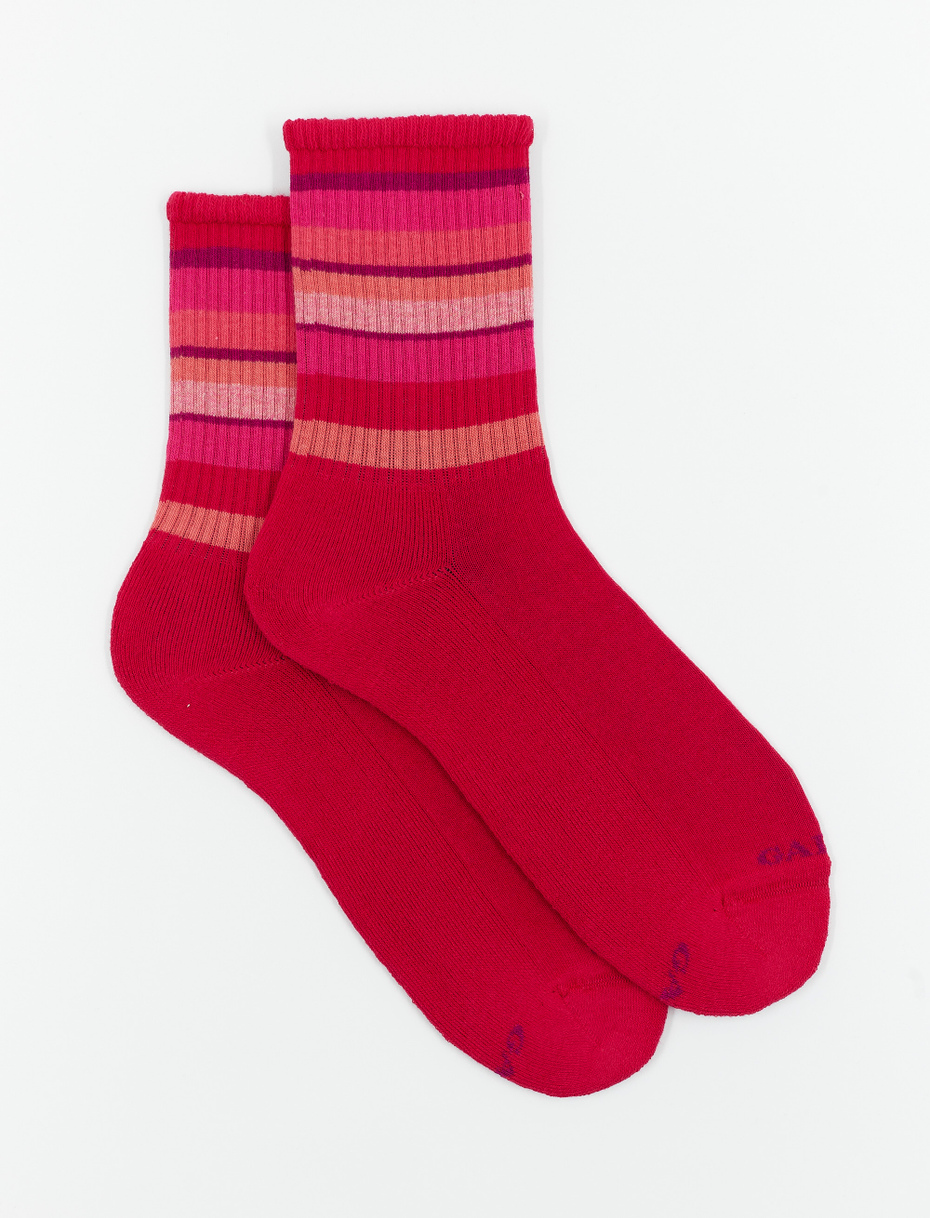 Women's short socks in ruby cotton terry cloth with multicoloured stripes - Gallo 1927 - Official Online Shop