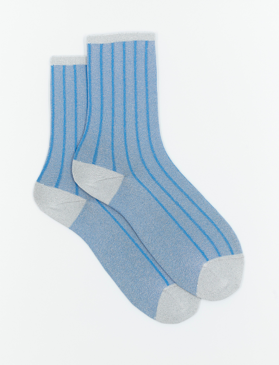 Women's short silver/Chinese blue socks in spaced twin-rib polyamide with lurex - Gallo 1927 - Official Online Shop