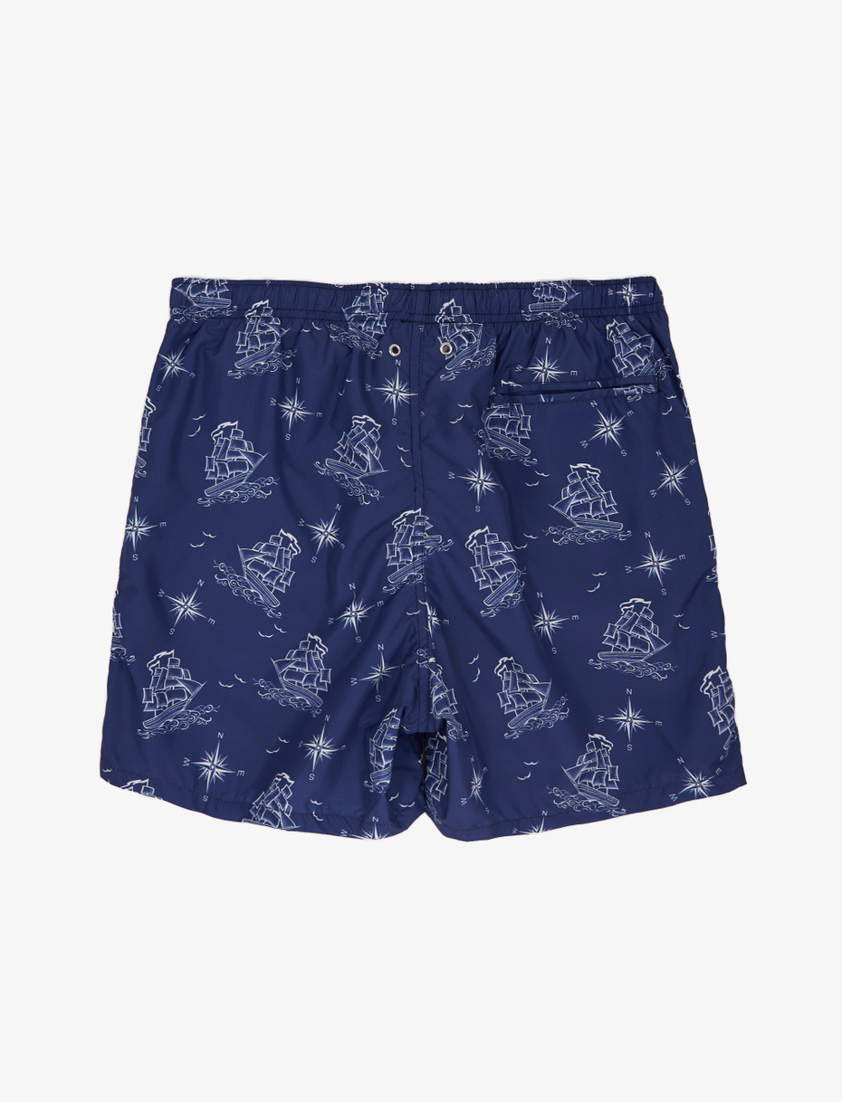 Men's cosmos blue polyester swimming shorts with sailing ship and wind rose pattern - Gallo 1927 - Official Online Shop