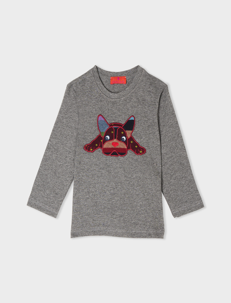 Kids' plain ash-coloured cotton T-shirt with embroidered bulldog - Gallo 1927 - Official Online Shop