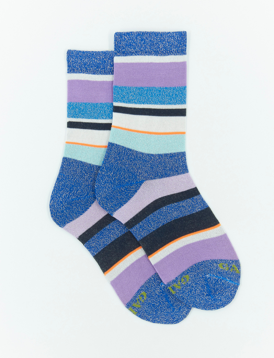 Kids' short cobalt blue cotton socks with multicoloured lurex and neon stripes - Gallo 1927 - Official Online Shop