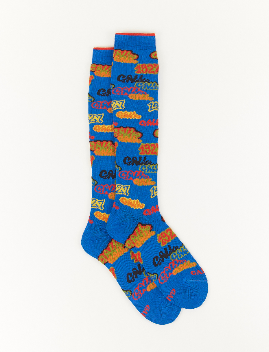 Women's long periwinkle light cotton socks with mural motif - Gallo 1927 - Official Online Shop