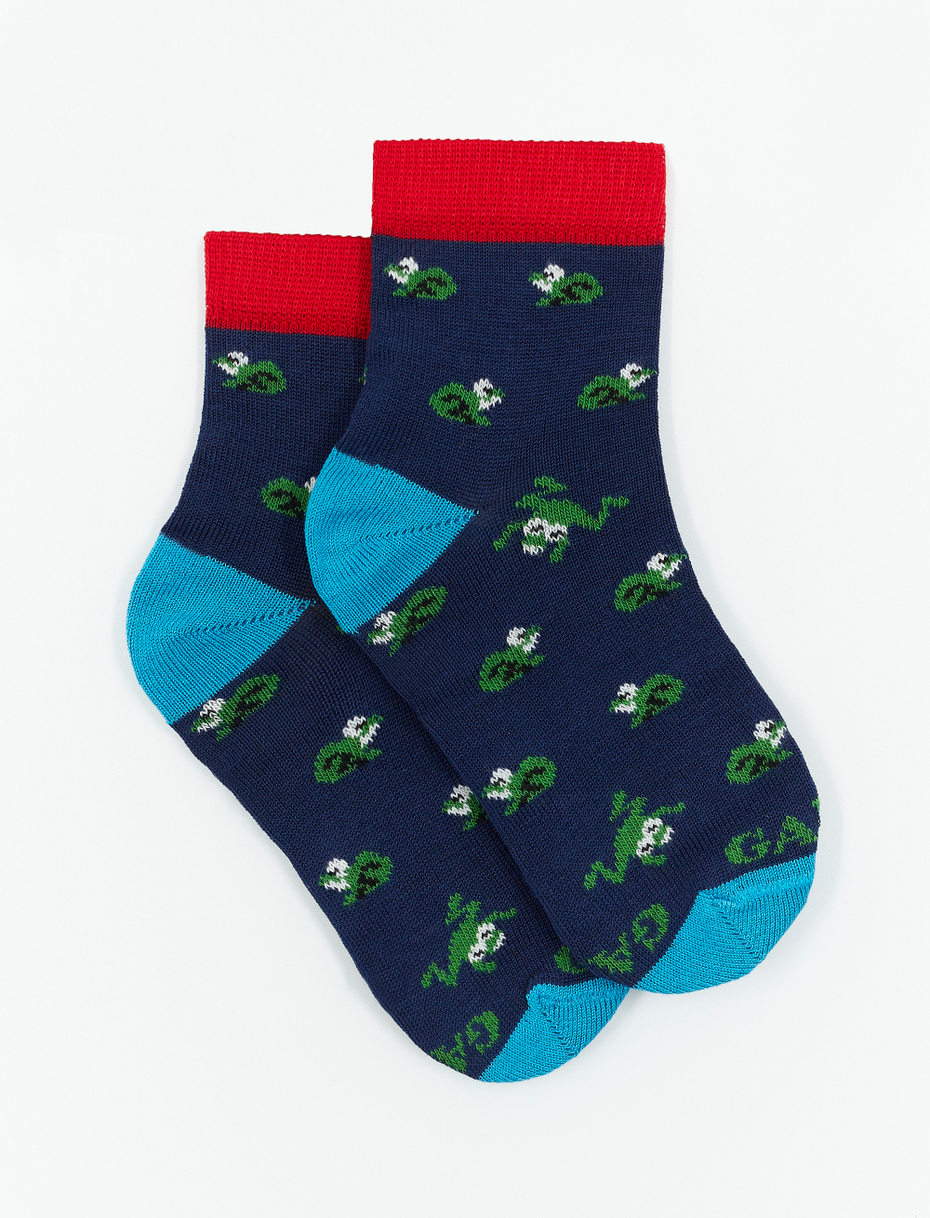 Kids' super short royal blue light cotton socks with frog motif - Gallo 1927 - Official Online Shop