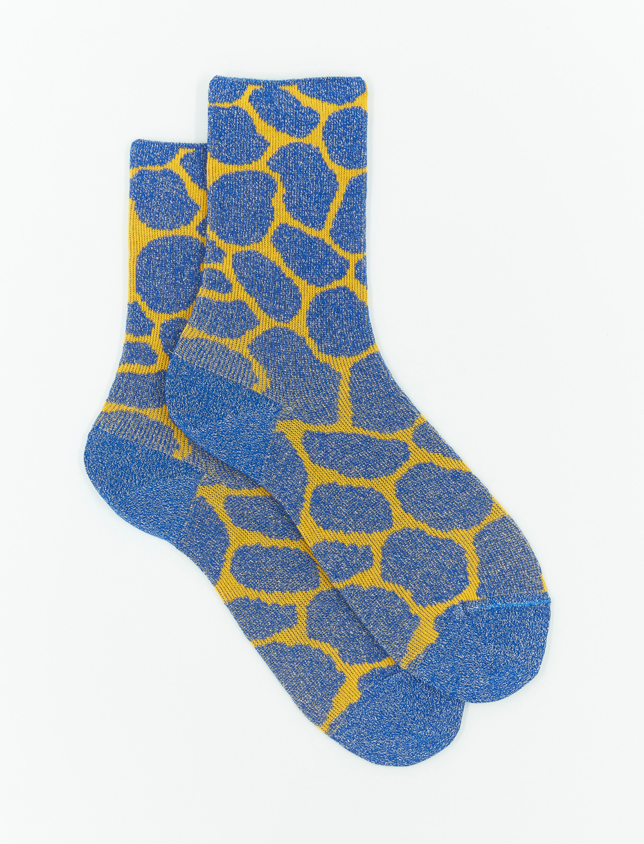 Women's short cobalt blue cotton and lurex socks with spotted giraffe motif - Gallo 1927 - Official Online Shop