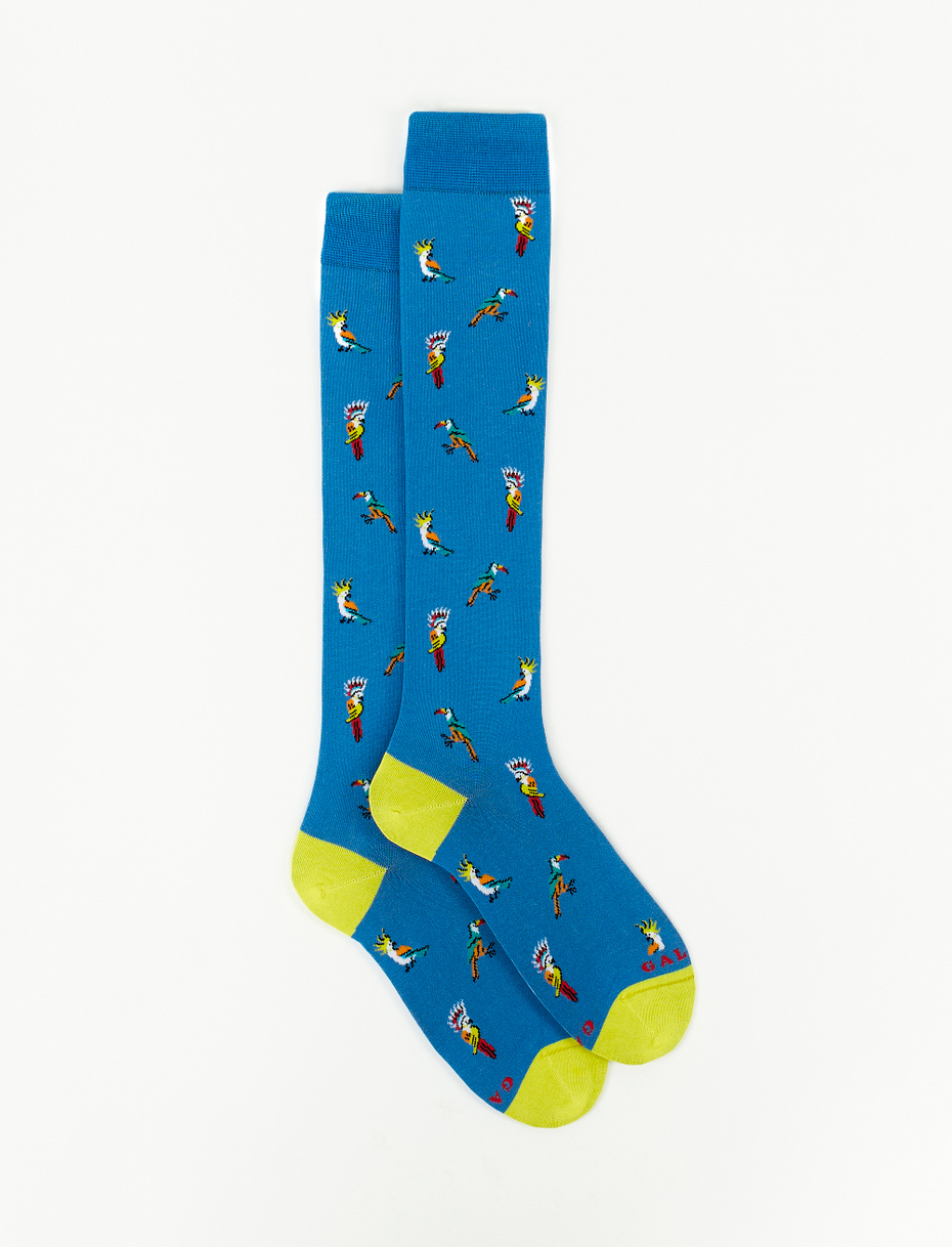 Women's long Aegean blue ultra-light cotton socks with cockatoo/toucan motif - Gallo 1927 - Official Online Shop