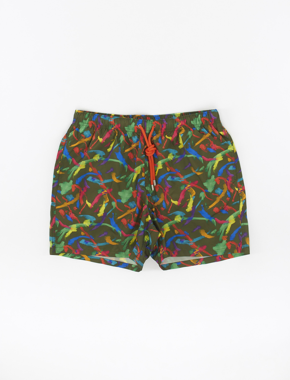 Men's army green polyester swimming shorts with paint splash motif - Gallo 1927 - Official Online Shop