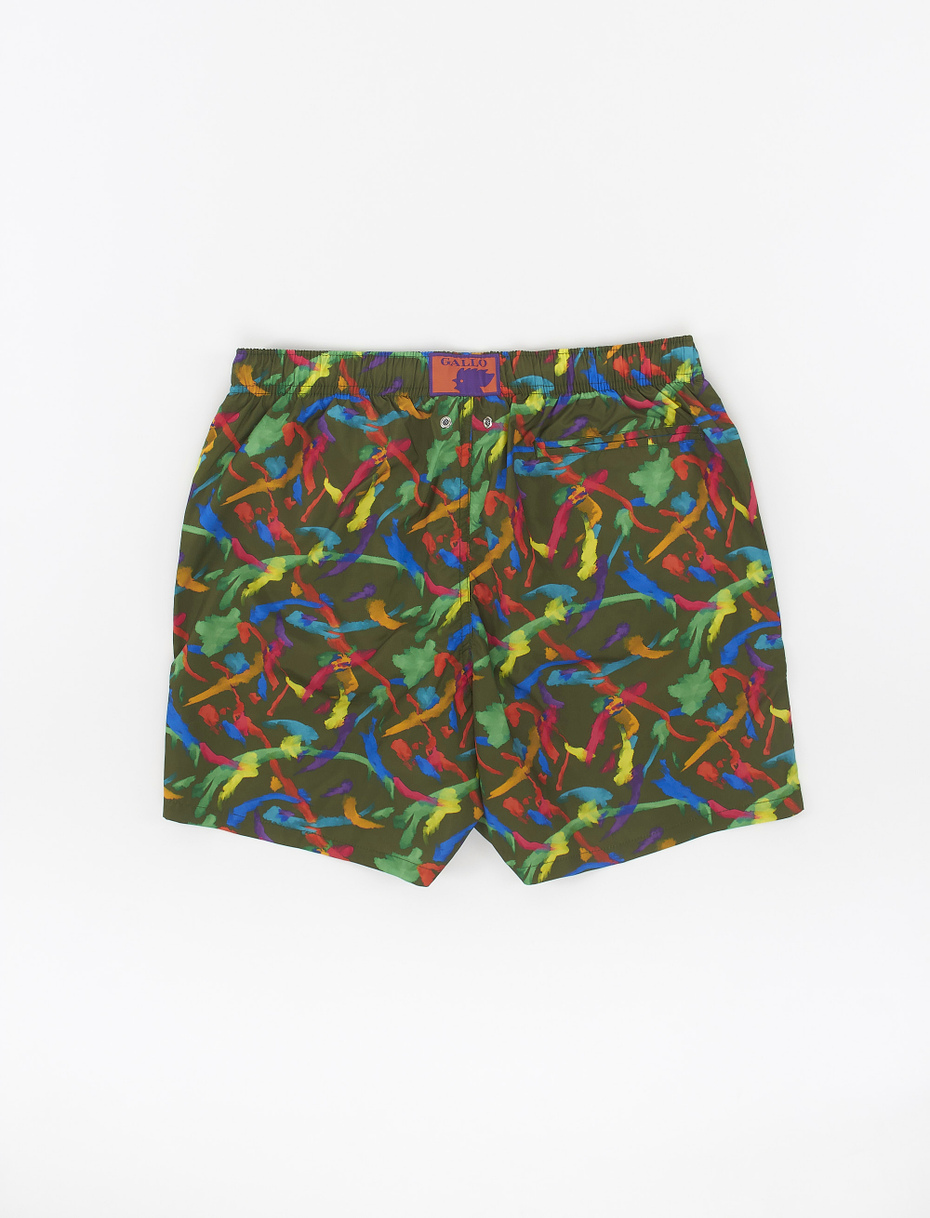 Men's army green polyester swimming shorts with paint splash motif - Gallo 1927 - Official Online Shop