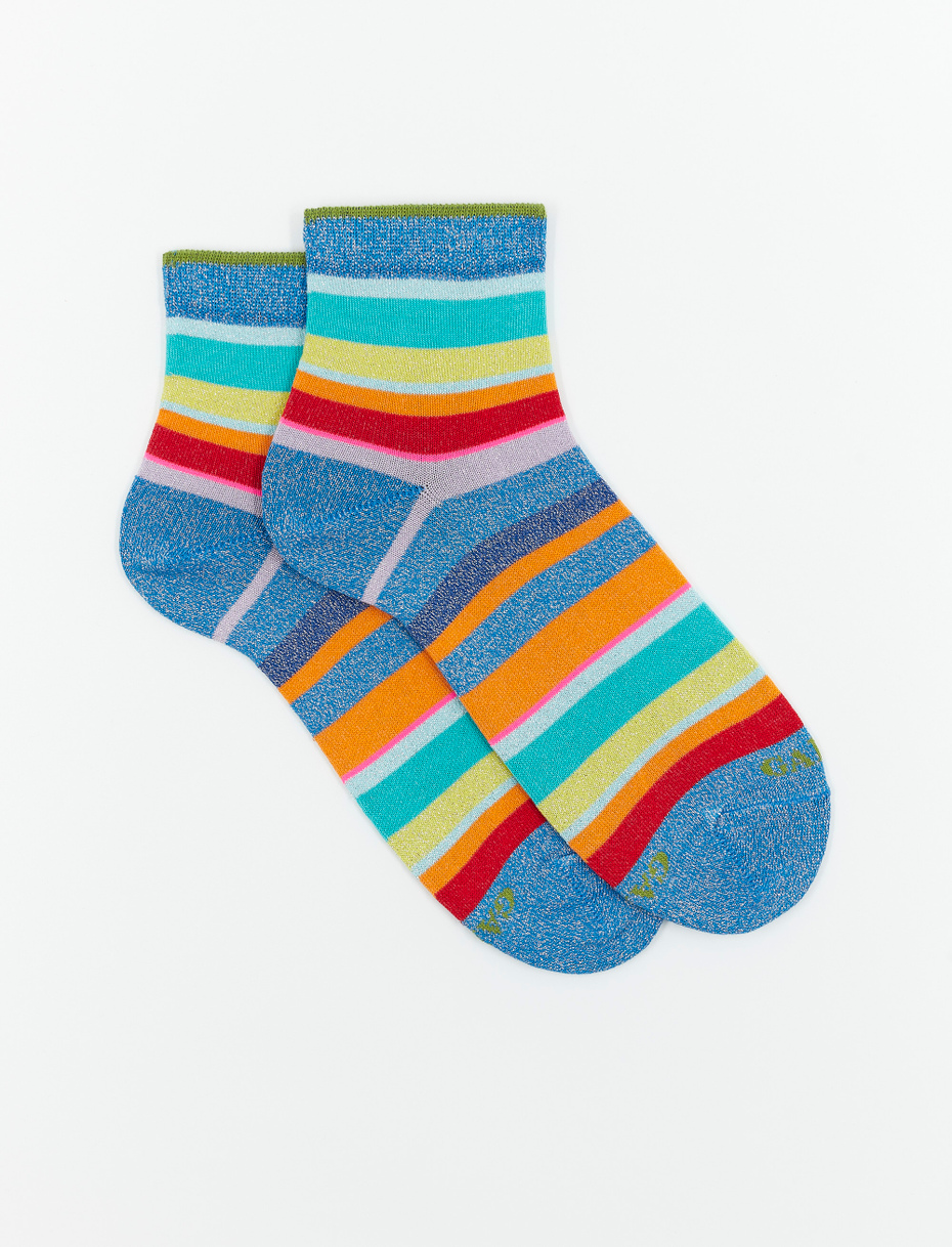 Women's super short cotton and lurex socks with multicoloured stripes, Aegean blue - Gallo 1927 - Official Online Shop