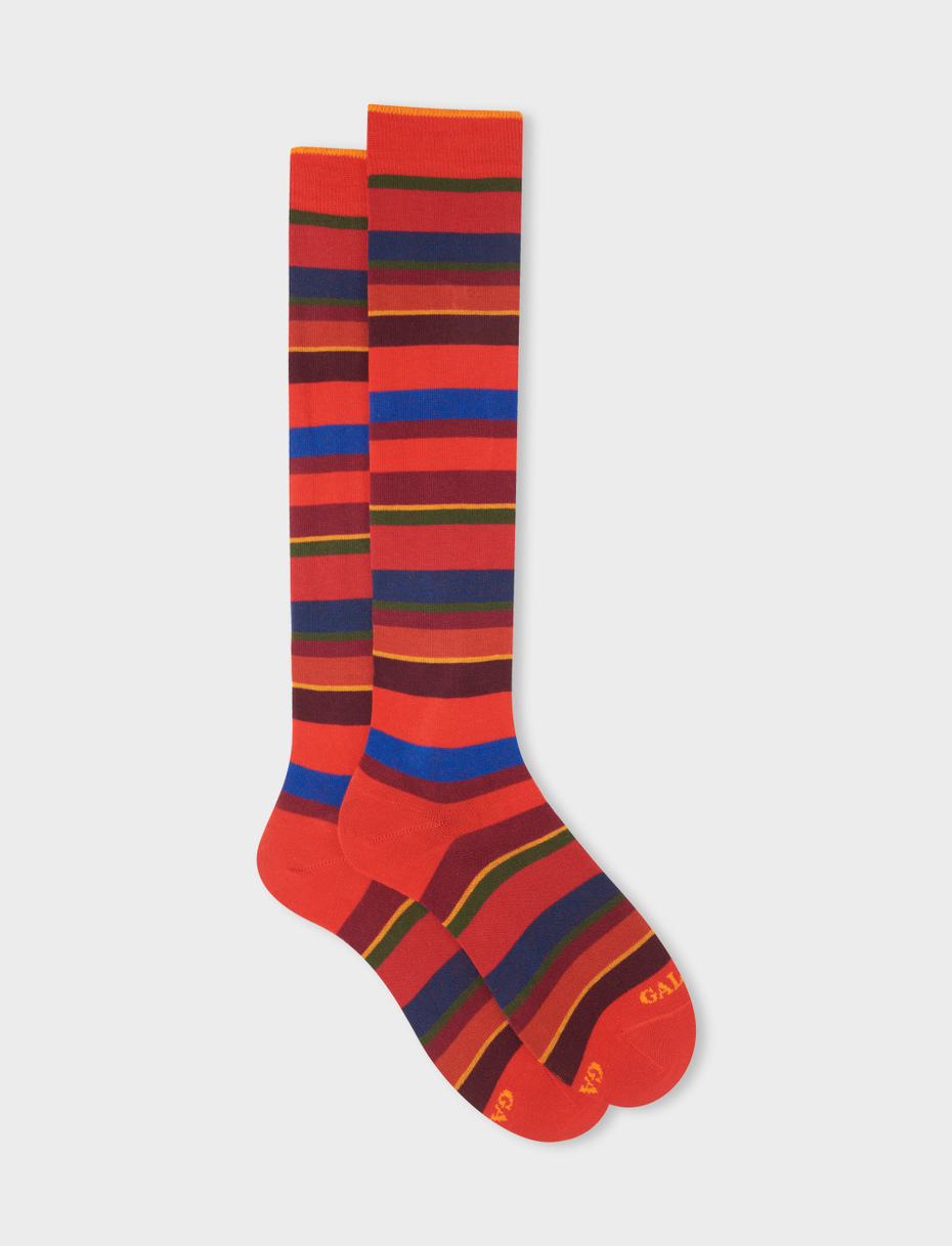Women's long red cotton socks with multicoloured stripes - Gallo 1927 - Official Online Shop