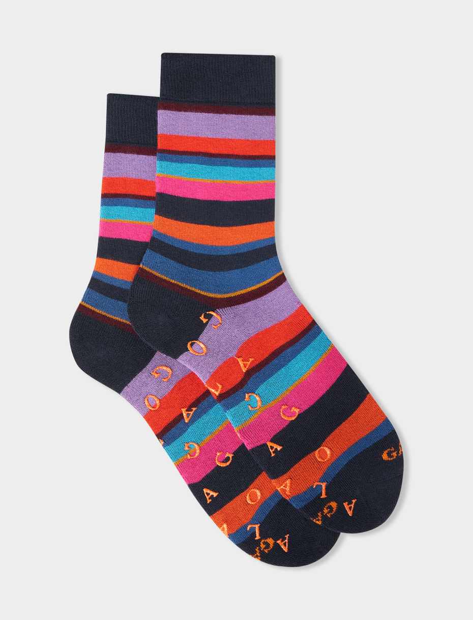 Women's short non-slip navy cotton socks with multicoloured stripes - Gallo 1927 - Official Online Shop
