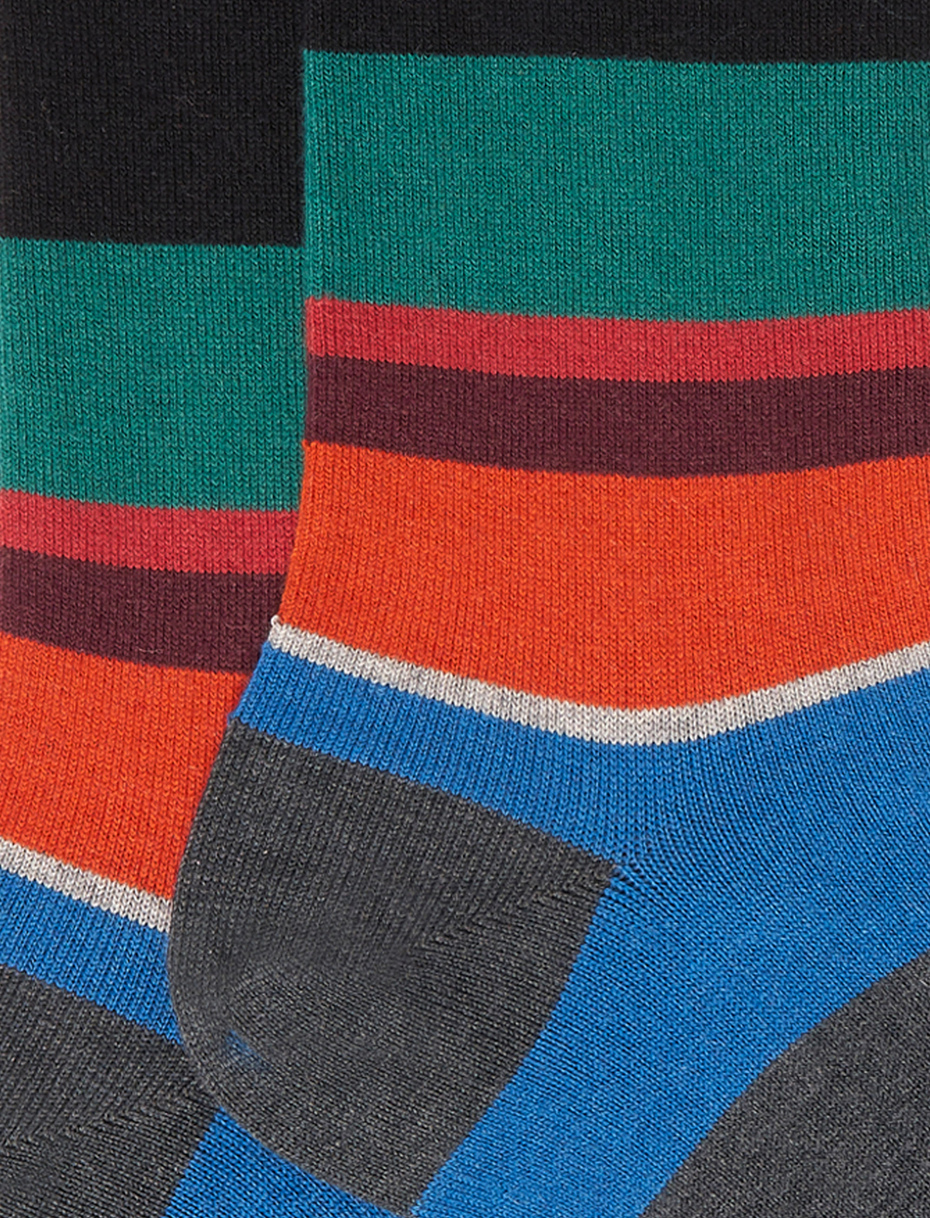 Men's short stone grey cotton and cashmere socks with multicoloured macro stripes - Gallo 1927 - Official Online Shop
