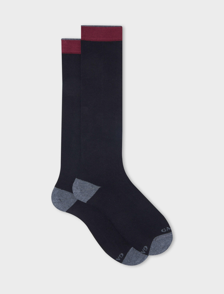 Men's long plain black cotton and cashmere socks with contrasting details - Gallo 1927 - Official Online Shop